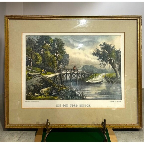 Currier & Ives Other - Vtg Currier & Ives Lithograph Print "The Old Ford Bridge" Professionally Framed